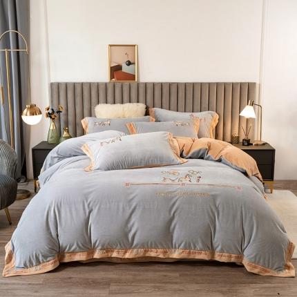 澳梵家居2021新款婴儿绒轻奢风刺绣H.时尚四件套 H-灰色