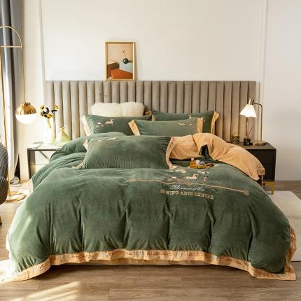 澳梵家居2021新款婴儿绒轻奢风刺绣H.时尚四件套 H-军绿