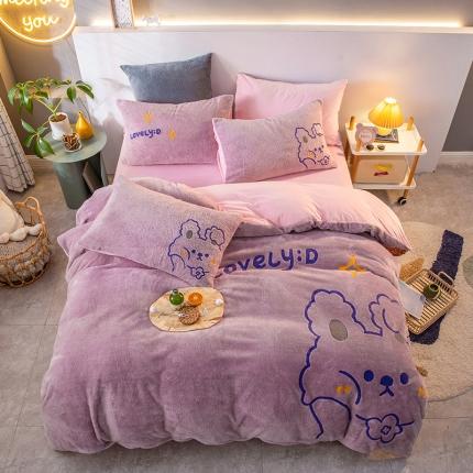 91家纺网 家纺一手货源 找家纺 澳梵2021新款韩国进口泰迪绒大版毛巾绣四件套 奶糖兔兔-紫