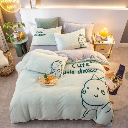 91家纺网 家纺一手货源 找家纺 澳梵2021新款韩国进口泰迪绒大版毛巾绣四件套 小恐龙-豆绿