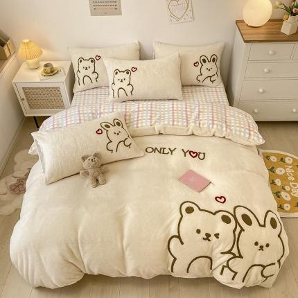 澳梵2021新款韩国进口泰迪绒大版毛巾绣四件套 小熊小兔