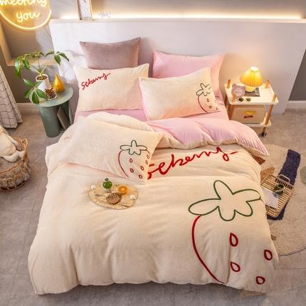 澳梵2021新款韩国进口泰迪绒大版毛巾绣四件套 奶油草莓-白