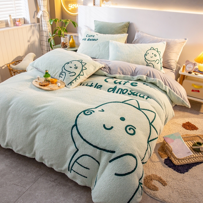 91家纺网 家纺一手货源 找家纺 澳梵2021新款韩国进口泰迪绒大版毛巾绣四件套 小恐龙-豆绿