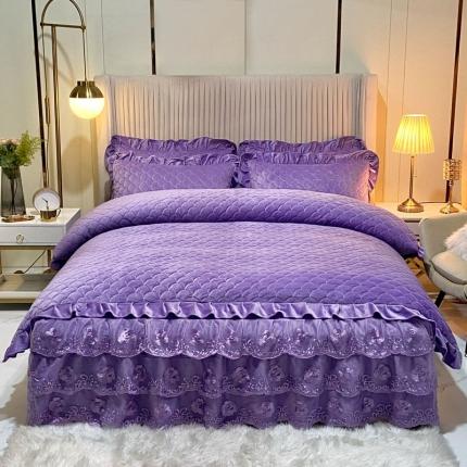 91家纺网 家纺一手货源 找家纺 青竹苑网红款水晶绒绗缝床裙被套款四件套牛奶法莱绒保暖被罩床罩 紫雪青