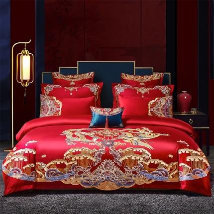 用心家居2021新款长绒棉婚庆刺绣四件套 龙腾凤鸣