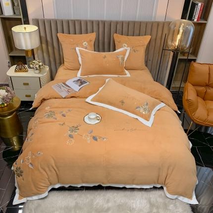 星尚 新款A类进口牛奶绒加厚水晶绒绣花四件套罗曼蒂克-香槟色