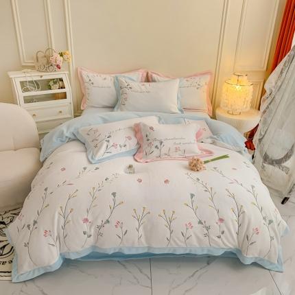 91家纺网 家纺一手货源 找家纺 星尚 新款A类进口牛奶绒加厚水晶绒绣花四件套 枝蔓花开-蓝