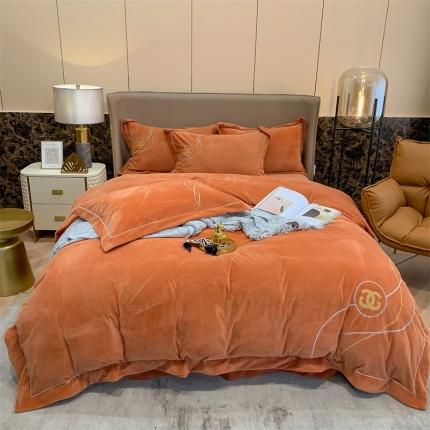 91家纺网 家纺一手货源 找家纺 首尔家纺 2022新款婴儿绒双G款刺绣四件套 奶油桔