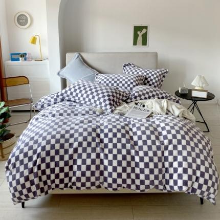 91家纺网 家纺一手货源 找家纺 棉生活 2021新款220g牛奶绒ins风绝绝子棋盘格四件套 摩卡白格