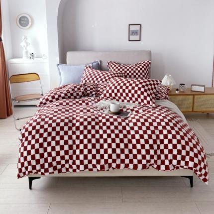 棉生活 2021新款220g牛奶绒ins风绝绝子棋盘格四件套 复古红白格