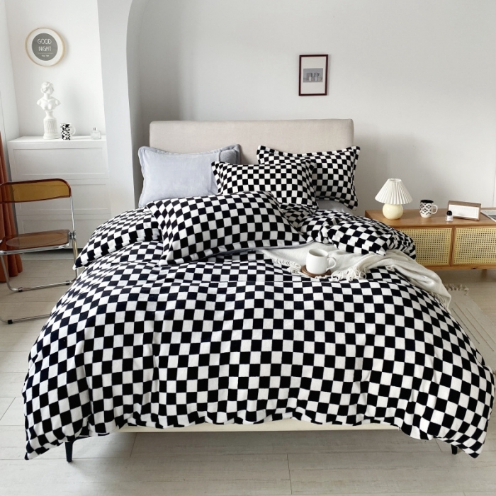 91家纺网 家纺一手货源 找家纺 棉生活 2021新款220g牛奶绒ins风绝绝子棋盘格四件套 黑糖白格