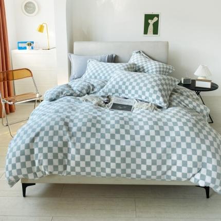 棉生活 2021新款220g牛奶绒ins风绝绝子棋盘格四件套 抹茶白格