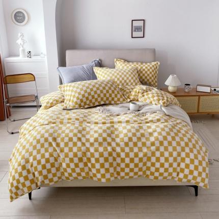 棉生活 2021新款220g牛奶绒ins风绝绝子棋盘格四件套 太妃糖白格