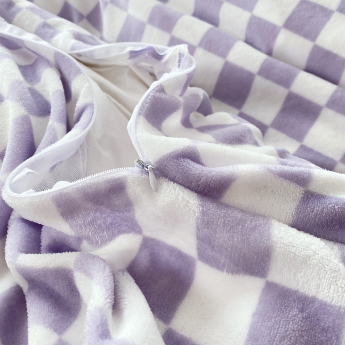 91家纺网 家纺一手货源 找家纺 棉生活 2021新款220g牛奶绒ins风绝绝子棋盘格四件套 烟紫白格