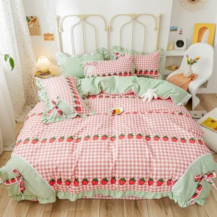 91家纺网 家纺一手货源 找家纺 靓生活 2021新款韩版磨毛四件套 草莓派对-清新粉