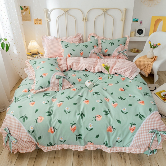 91家纺网 家纺一手货源 找家纺 靓生活 2021新款韩版磨毛四件套 草莓恋人-清新绿