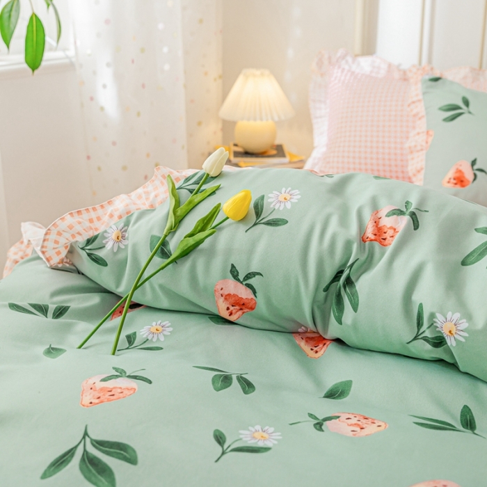 91家纺网 家纺一手货源 找家纺 靓生活 2021新款韩版磨毛四件套 草莓恋人-清新绿