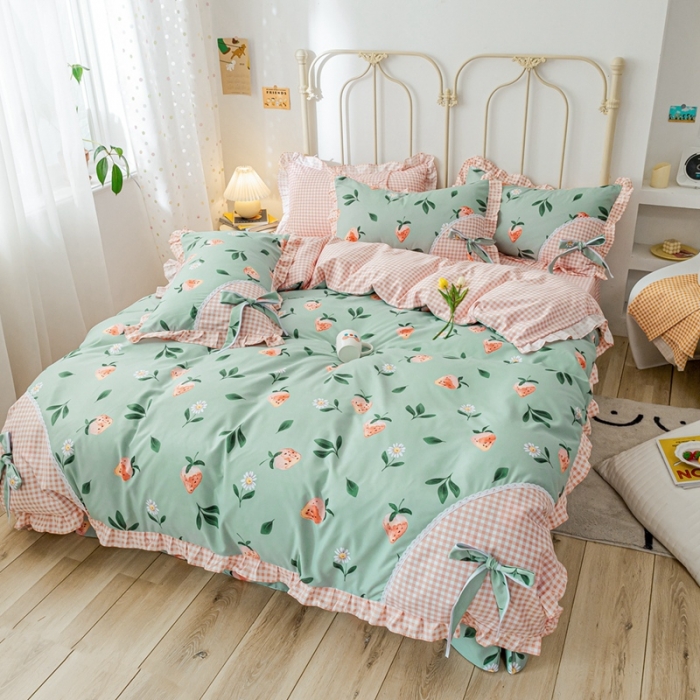 91家纺网 家纺一手货源 找家纺 靓生活 2021新款韩版磨毛四件套 草莓恋人-清新绿