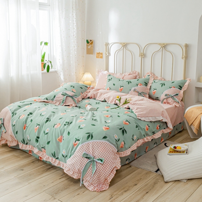 91家纺网 家纺一手货源 找家纺 靓生活 2021新款韩版磨毛四件套 草莓恋人-清新绿