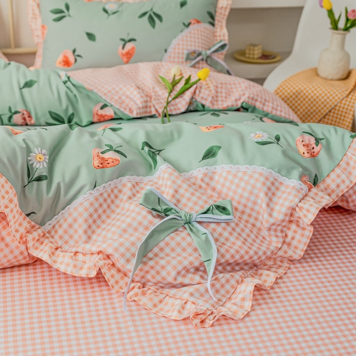 91家纺网 家纺一手货源 找家纺 靓生活 2021新款韩版磨毛四件套 草莓恋人-清新绿