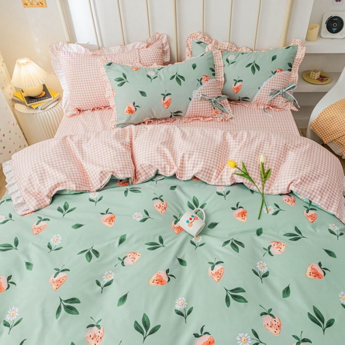 91家纺网 家纺一手货源 找家纺 靓生活 2021新款韩版磨毛四件套 草莓恋人-清新绿