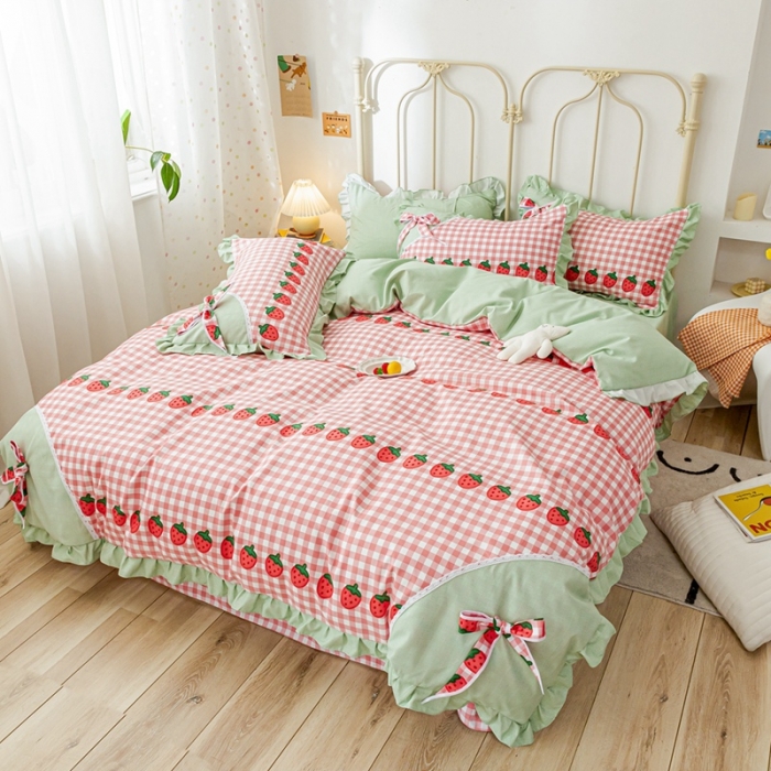 91家纺网 家纺一手货源 找家纺 靓生活 2021新款韩版磨毛四件套 草莓派对-清新粉