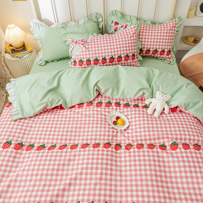 91家纺网 家纺一手货源 找家纺 靓生活 2021新款韩版磨毛四件套 草莓派对-清新粉