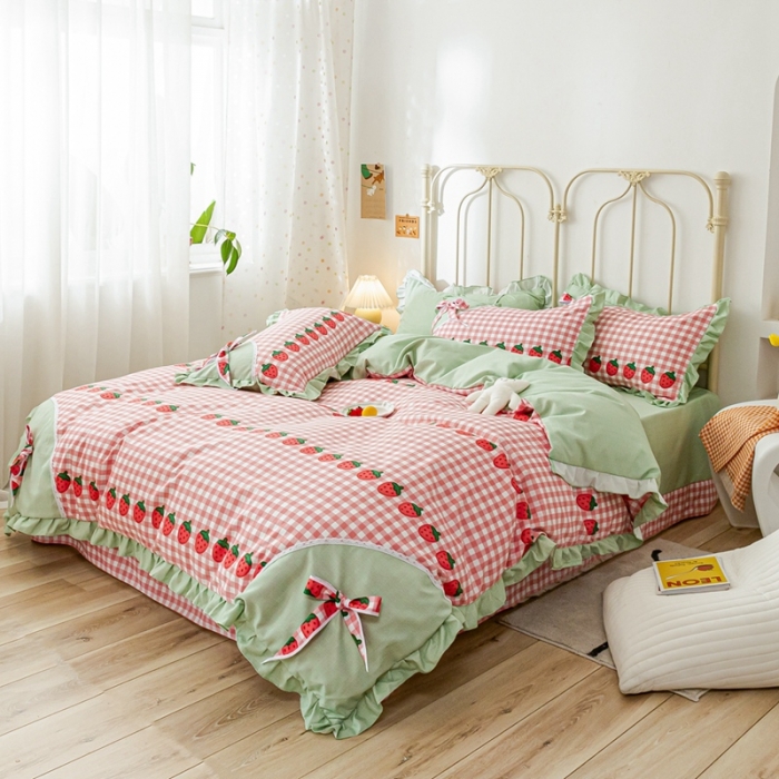 91家纺网 家纺一手货源 找家纺 靓生活 2021新款韩版磨毛四件套 草莓派对-清新粉