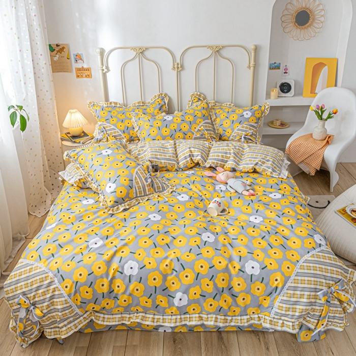 91家纺网 家纺一手货源 找家纺 靓生活 2021新款韩版磨毛四件套 朵朵珍爱-阳光黄