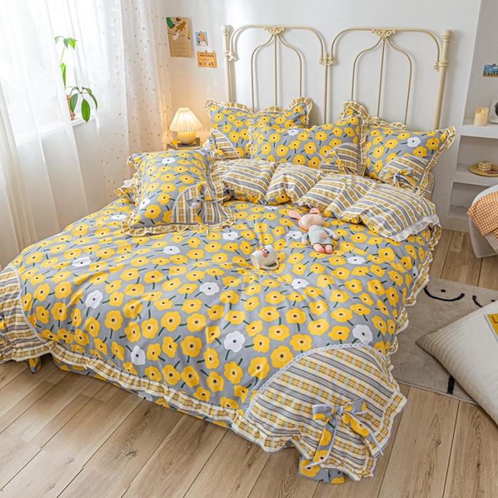 91家纺网 家纺一手货源 找家纺 靓生活 2021新款韩版磨毛四件套 朵朵珍爱-阳光黄