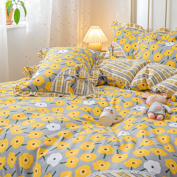 91家纺网 家纺一手货源 找家纺 靓生活 2021新款韩版磨毛四件套 朵朵珍爱-阳光黄