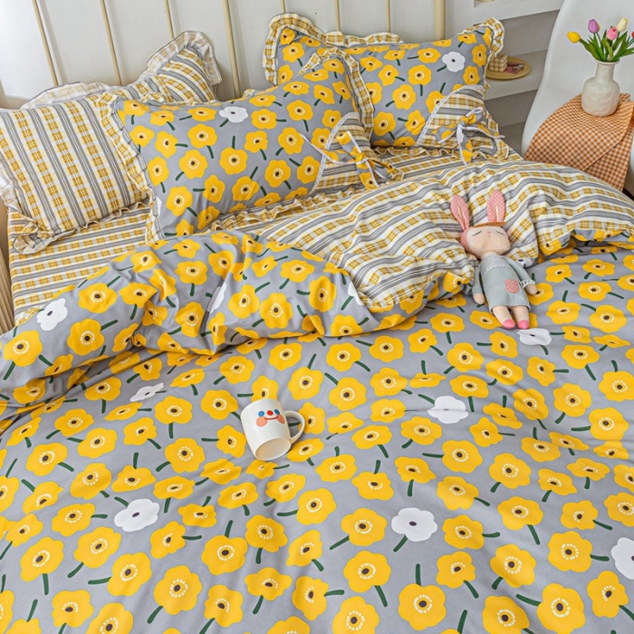 91家纺网 家纺一手货源 找家纺 靓生活 2021新款韩版磨毛四件套 朵朵珍爱-阳光黄