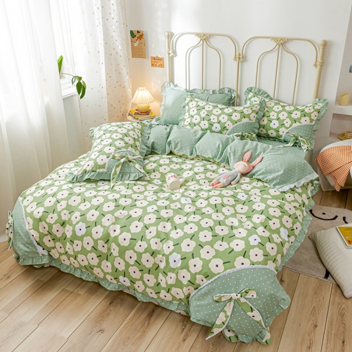 91家纺网 家纺一手货源 找家纺 靓生活 2021新款韩版磨毛四件套 花海畅洋-清新绿