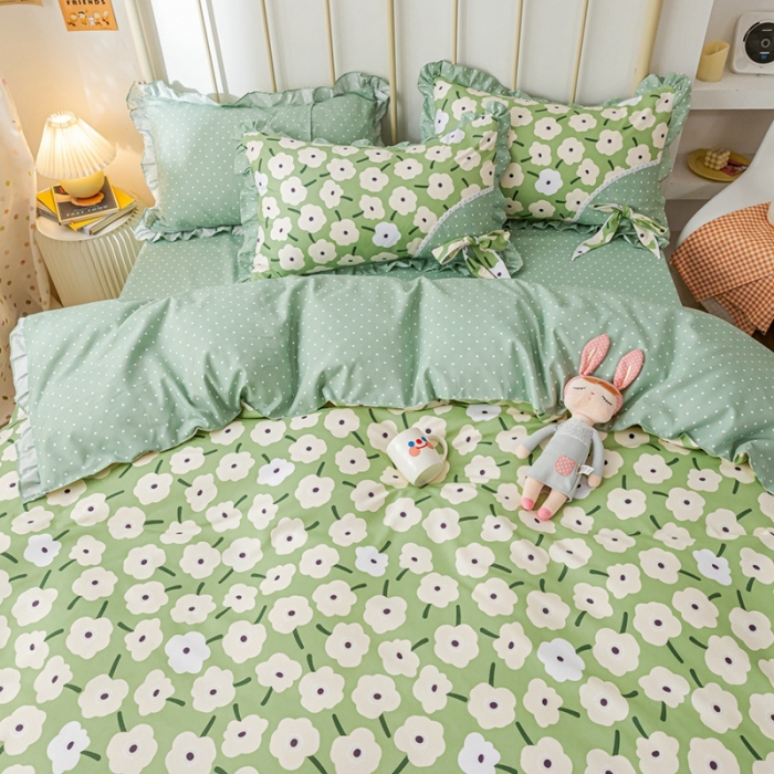 91家纺网 家纺一手货源 找家纺 靓生活 2021新款韩版磨毛四件套 花海畅洋-清新绿