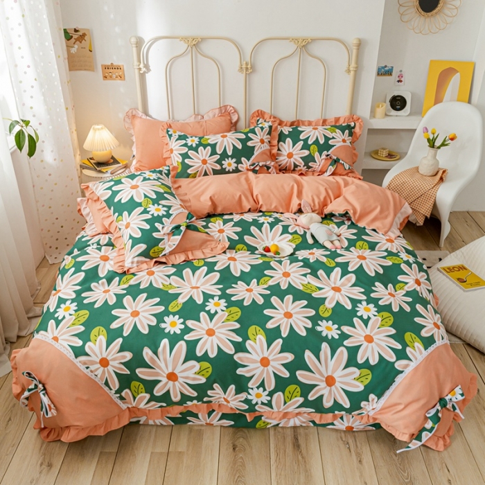 91家纺网 家纺一手货源 找家纺 靓生活 2021新款韩版磨毛四件套 花影芳菲-森林绿