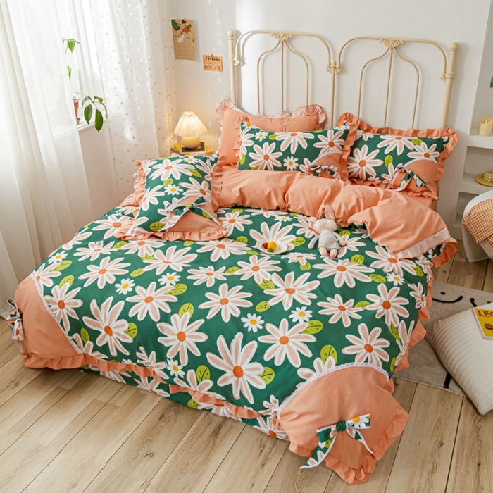 91家纺网 家纺一手货源 找家纺 靓生活 2021新款韩版磨毛四件套 花影芳菲-森林绿