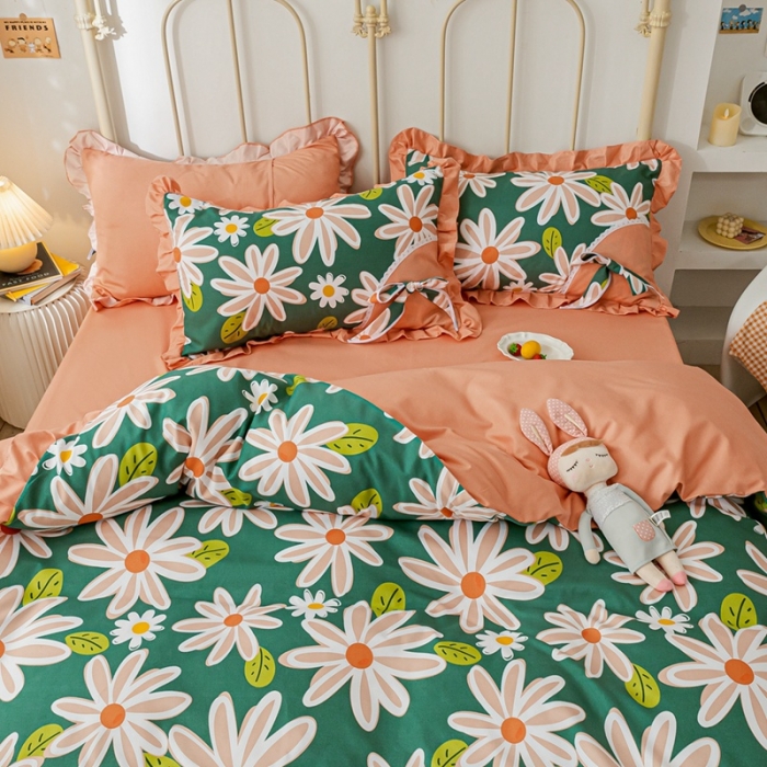 91家纺网 家纺一手货源 找家纺 靓生活 2021新款韩版磨毛四件套 花影芳菲-森林绿