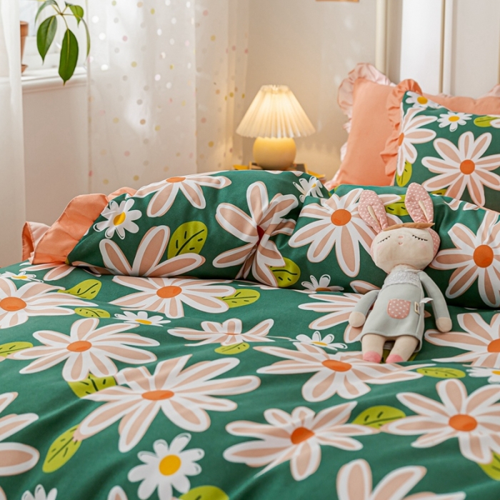 91家纺网 家纺一手货源 找家纺 靓生活 2021新款韩版磨毛四件套 花影芳菲-森林绿