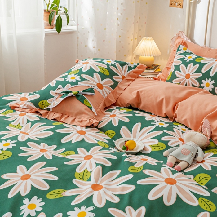 91家纺网 家纺一手货源 找家纺 靓生活 2021新款韩版磨毛四件套 花影芳菲-森林绿