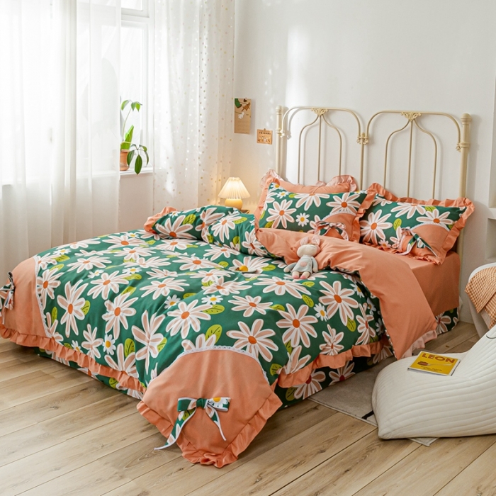 91家纺网 家纺一手货源 找家纺 靓生活 2021新款韩版磨毛四件套 花影芳菲-森林绿