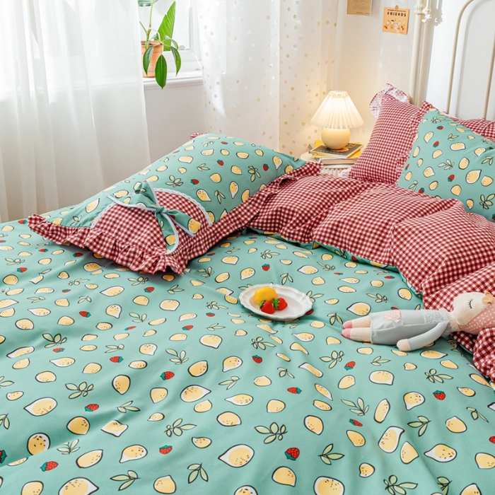 91家纺网 家纺一手货源 找家纺 靓生活 2021新款韩版磨毛四件套 柠檬物语-松石绿