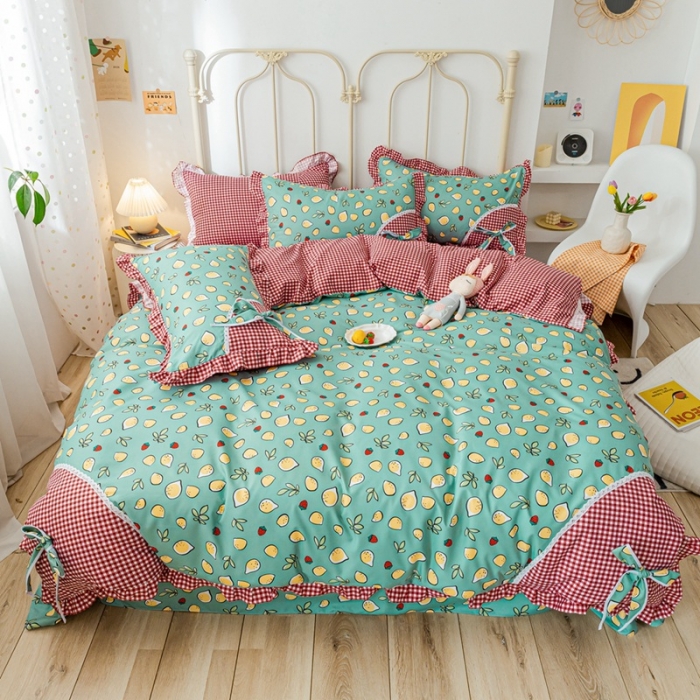 91家纺网 家纺一手货源 找家纺 靓生活 2021新款韩版磨毛四件套 柠檬物语-松石绿