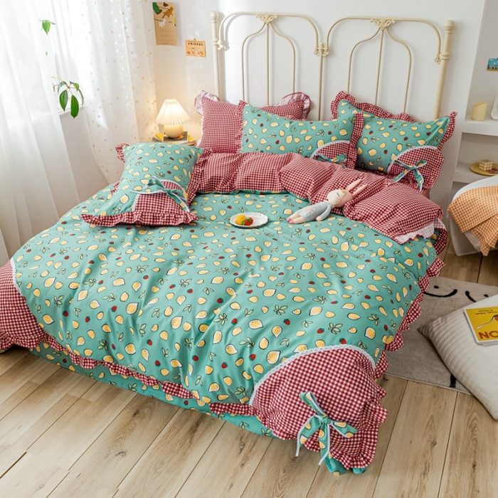 91家纺网 家纺一手货源 找家纺 靓生活 2021新款韩版磨毛四件套 柠檬物语-松石绿