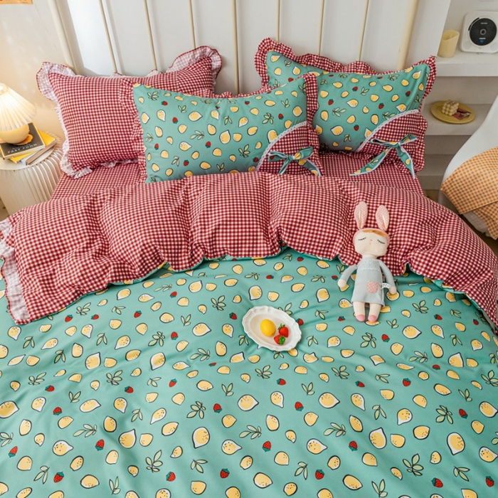 91家纺网 家纺一手货源 找家纺 靓生活 2021新款韩版磨毛四件套 柠檬物语-松石绿