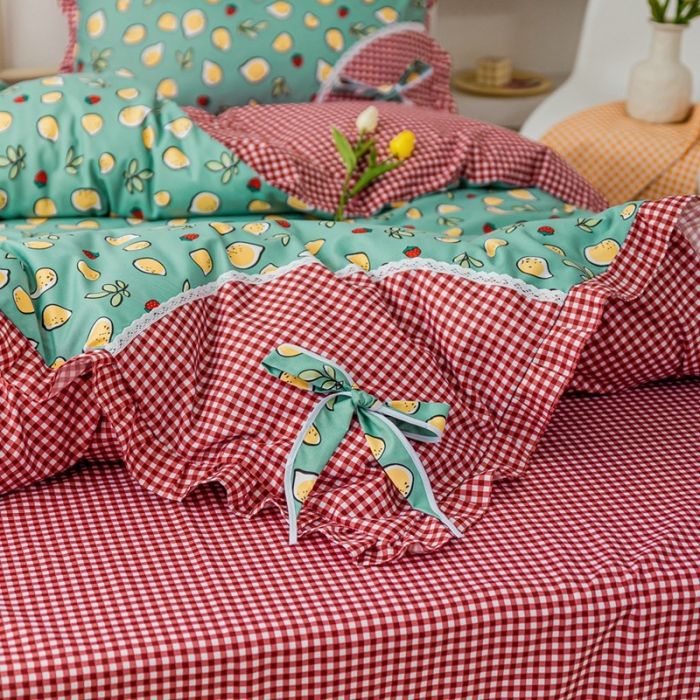 91家纺网 家纺一手货源 找家纺 靓生活 2021新款韩版磨毛四件套 柠檬物语-松石绿