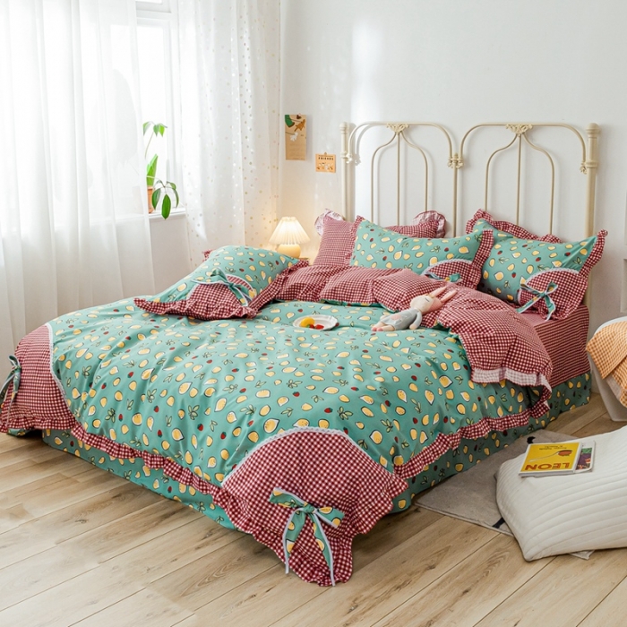 91家纺网 家纺一手货源 找家纺 靓生活 2021新款韩版磨毛四件套 柠檬物语-松石绿