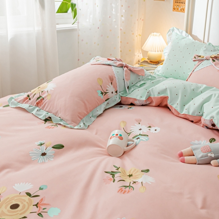 91家纺网 家纺一手货源 找家纺 靓生活 2021新款韩版磨毛四件套 庭院花径-公主粉