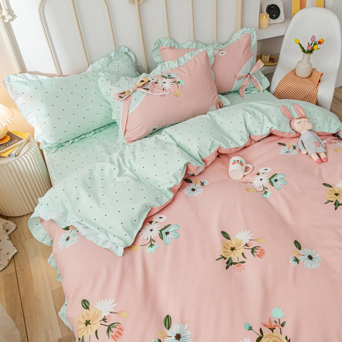 91家纺网 家纺一手货源 找家纺 靓生活 2021新款韩版磨毛四件套 庭院花径-公主粉