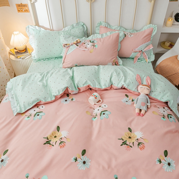 91家纺网 家纺一手货源 找家纺 靓生活 2021新款韩版磨毛四件套 庭院花径-公主粉