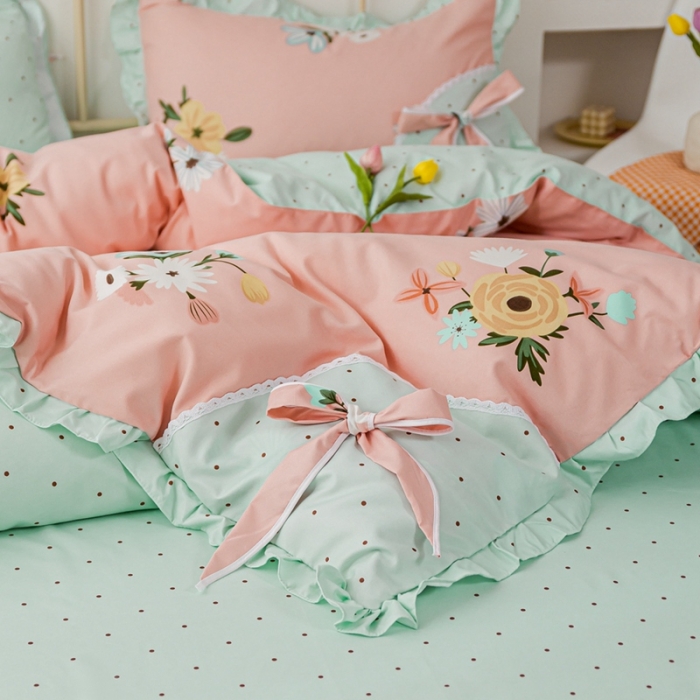 91家纺网 家纺一手货源 找家纺 靓生活 2021新款韩版磨毛四件套 庭院花径-公主粉